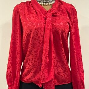 Therese Canty Crane New London Red Satin Vintage Tie In Front, Blouse Sz L